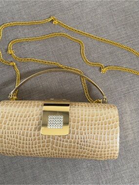 Beige Croc-Embossed Mini Shoulder Evening Bag with Gold Chain